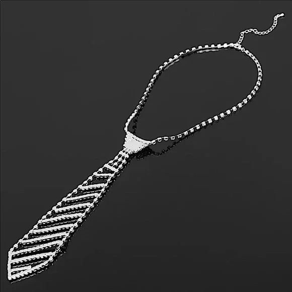 SILVER CRYSTAL RHINESTONE TIE DESIGN Y2K NECKLACE - Picture 4 of 7